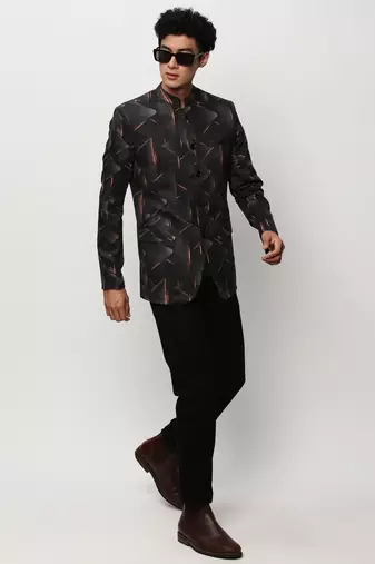 Men's Mandarin Collar Printed Black Bandhgala Blazer