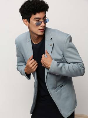 Men's Notched Lapel Solid Blue Single-Breasted Blazer 1