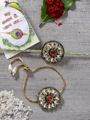  unisex set of 2 gold kundan-studded handcrafted wraparound rakhi set with roli chawal 1