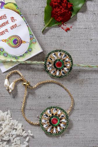  unisex set of 2 gold kundan-studded handcrafted wraparound rakhi set with roli chawal