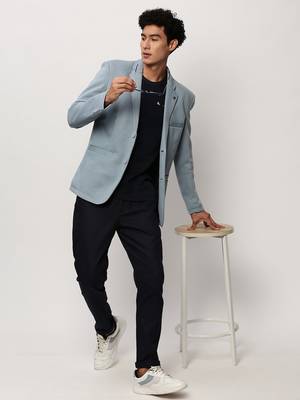 Men's Notched Lapel Solid Blue Single-Breasted Blazer 5