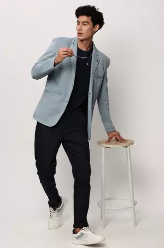 Men's Notched Lapel Solid Blue Single-Breasted Blazer