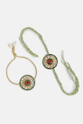  unisex set of 2 gold kundan-studded handcrafted wraparound rakhi set with roli chawal 4