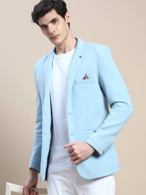 SHOWOFF Men's Notched Lapel Solid Blue Single-Breasted Blazer 1
