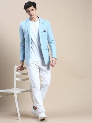 SHOWOFF Men's Notched Lapel Solid Blue Single-Breasted Blazer 5