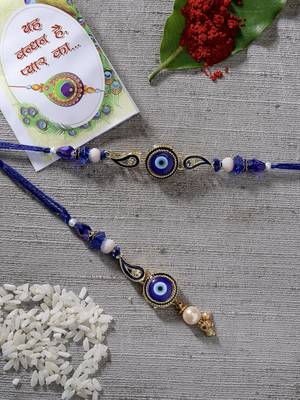 Nvr unisex set of 2 blue evil eye beaded bhaiya bhabhi rakhi with roli chawal 1