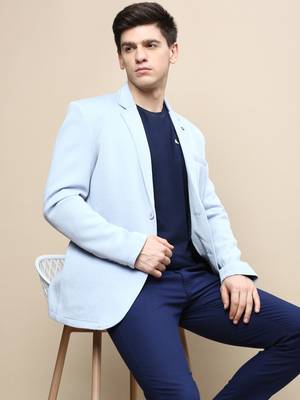 Men's Notched Lapel Solid Blue Single-Breasted Blazer 1