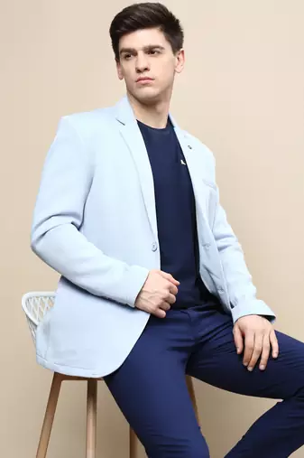 Men's Notched Lapel Solid Blue Single-Breasted Blazer