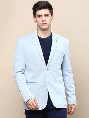 Men's Notched Lapel Solid Blue Single-Breasted Blazer 2