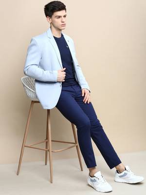 Men's Notched Lapel Solid Blue Single-Breasted Blazer 5