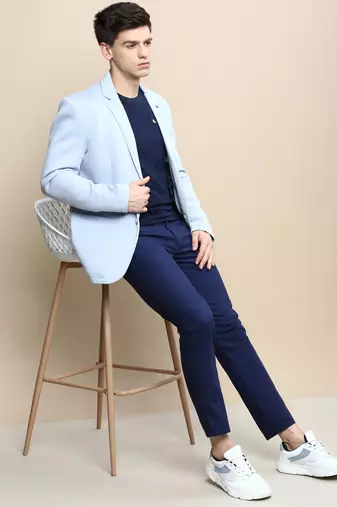 Men's Notched Lapel Solid Blue Single-Breasted Blazer