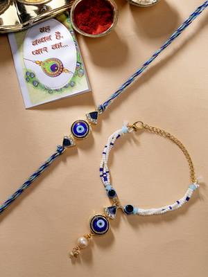 Nvr unisex set of 2 blue evil eye bhaiya bhabhi rakhi with roli chawal 1
