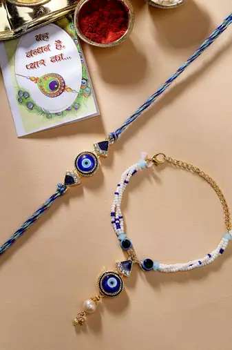 Nvr unisex set of 2 blue evil eye bhaiya bhabhi rakhi with roli chawal