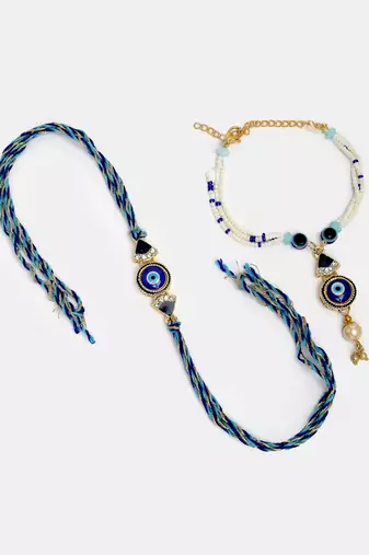 Nvr unisex set of 2 blue evil eye bhaiya bhabhi rakhi with roli chawal
