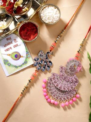 Nvr unisex set of 2 multicolor peacock design stone-studded & beaded bhaiya bhabhi rakhi with roli chawal 1