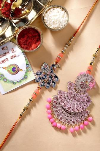 Nvr unisex set of 2 multicolor peacock design stone-studded & beaded bhaiya bhabhi rakhi with roli chawal