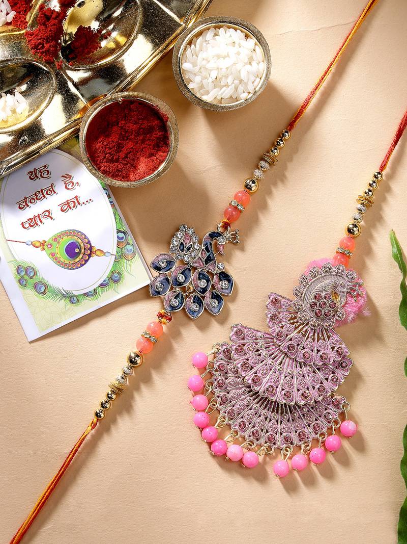 Nvr unisex set of 2 multicolor peacock design stone-studded & beaded bhaiya bhabhi rakhi with roli chawal