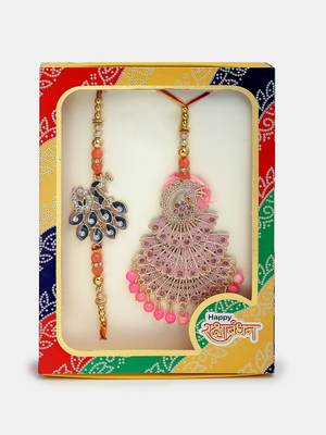 Nvr unisex set of 2 multicolor peacock design stone-studded & beaded bhaiya bhabhi rakhi with roli chawal 2
