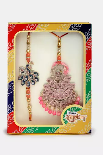 Nvr unisex set of 2 multicolor peacock design stone-studded & beaded bhaiya bhabhi rakhi with roli chawal