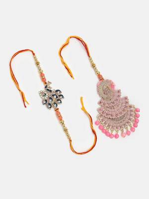 Nvr unisex set of 2 multicolor peacock design stone-studded & beaded bhaiya bhabhi rakhi with roli chawal 4