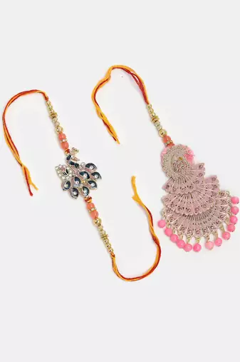 Nvr unisex set of 2 multicolor peacock design stone-studded & beaded bhaiya bhabhi rakhi with roli chawal