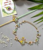 Nvr unisex set of 2 multicolor gold-toned radha krishna beaded bhaiya bhabhi rakhi with roli chawal
