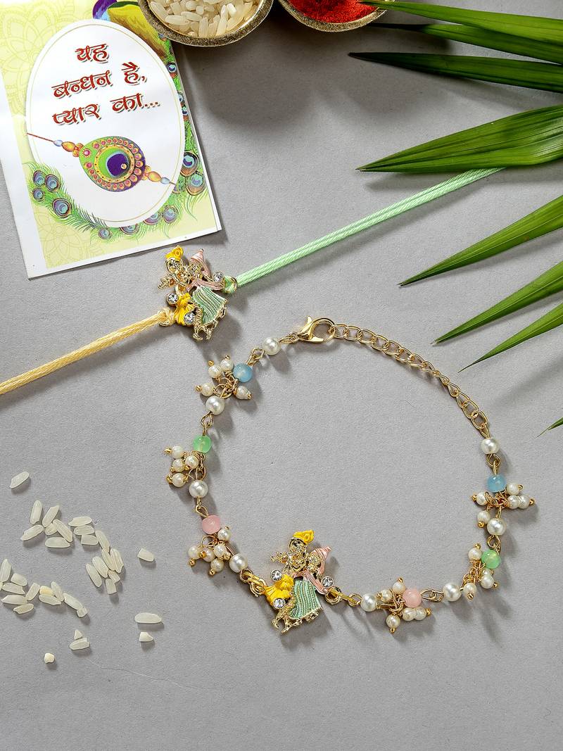 Nvr unisex set of 2 multicolor gold-toned radha krishna beaded bhaiya bhabhi rakhi with roli chawal