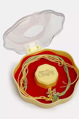 Nvr unisex set of 2 multicolor gold-toned radha krishna beaded bhaiya bhabhi rakhi with roli chawal