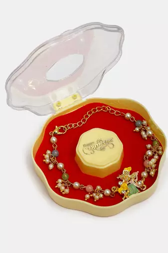 Nvr unisex set of 2 multicolor gold-toned radha krishna beaded bhaiya bhabhi rakhi with roli chawal