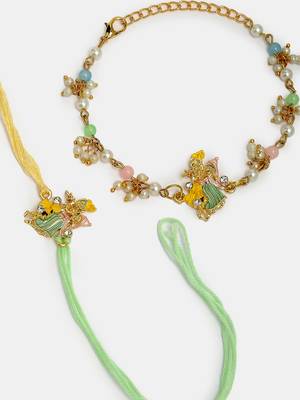 Nvr unisex set of 2 multicolor gold-toned radha krishna beaded bhaiya bhabhi rakhi with roli chawal 4