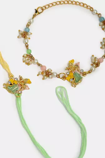Nvr unisex set of 2 multicolor gold-toned radha krishna beaded bhaiya bhabhi rakhi with roli chawal