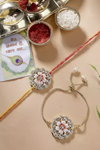 Nvr unisex set of 2 gold kundan-studded bhaiya bhabhi rakhi set with roli chawal