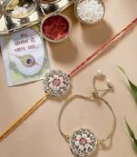 Nvr unisex set of 2 gold kundan-studded bhaiya bhabhi rakhi set with roli chawal