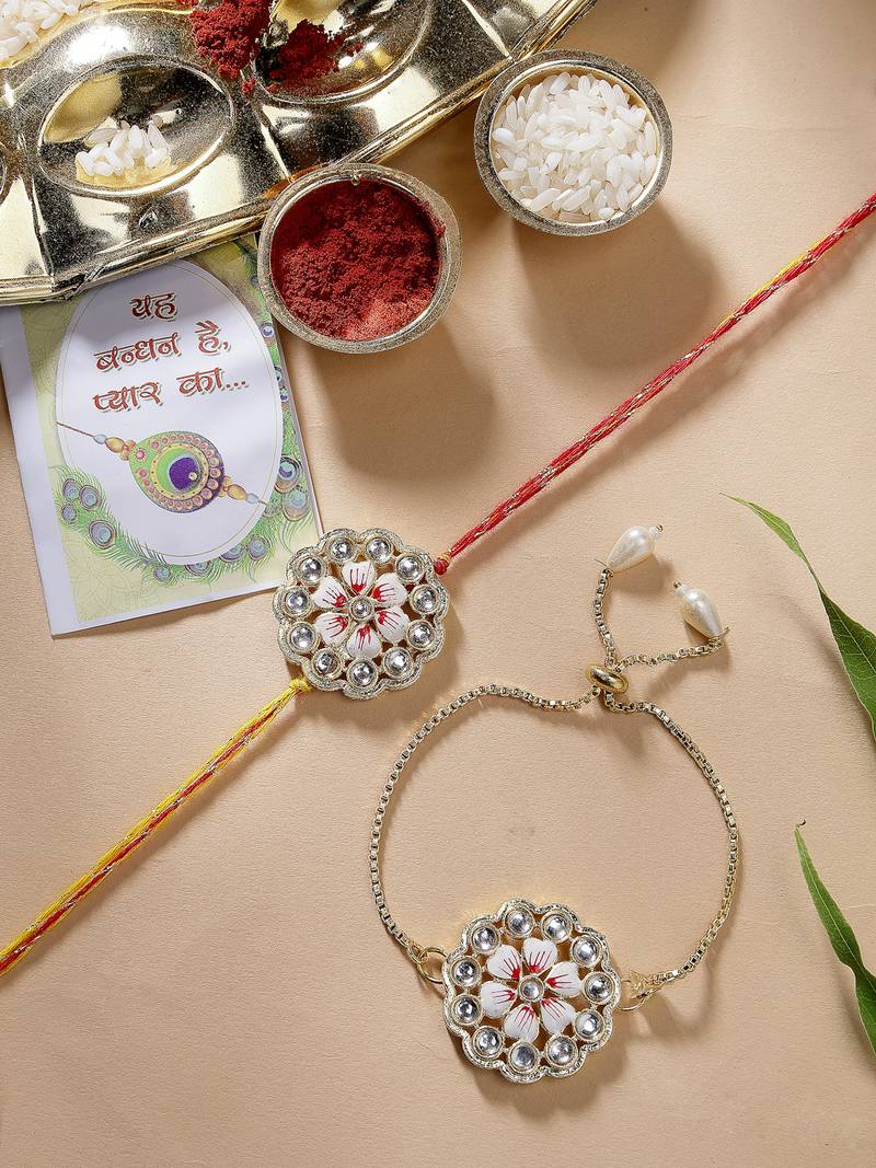 Nvr unisex set of 2 gold kundan-studded bhaiya bhabhi rakhi set with roli chawal