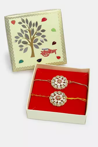 Nvr unisex set of 2 gold kundan-studded bhaiya bhabhi rakhi set with roli chawal