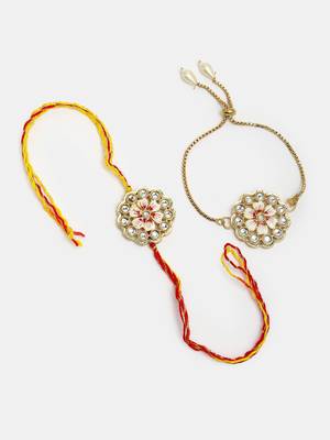 Nvr unisex set of 2 gold kundan-studded bhaiya bhabhi rakhi set with roli chawal 4