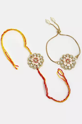 Nvr unisex set of 2 gold kundan-studded bhaiya bhabhi rakhi set with roli chawal