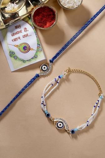 Nvr unisex set of 2 blue evil eye bhaiya bhabhi rakhi set with roli chawal