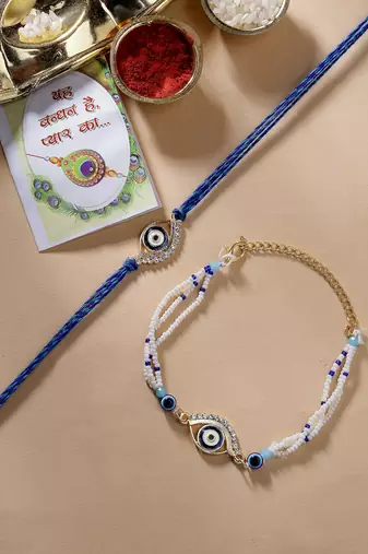 Nvr unisex set of 2 blue evil eye bhaiya bhabhi rakhi set with roli chawal