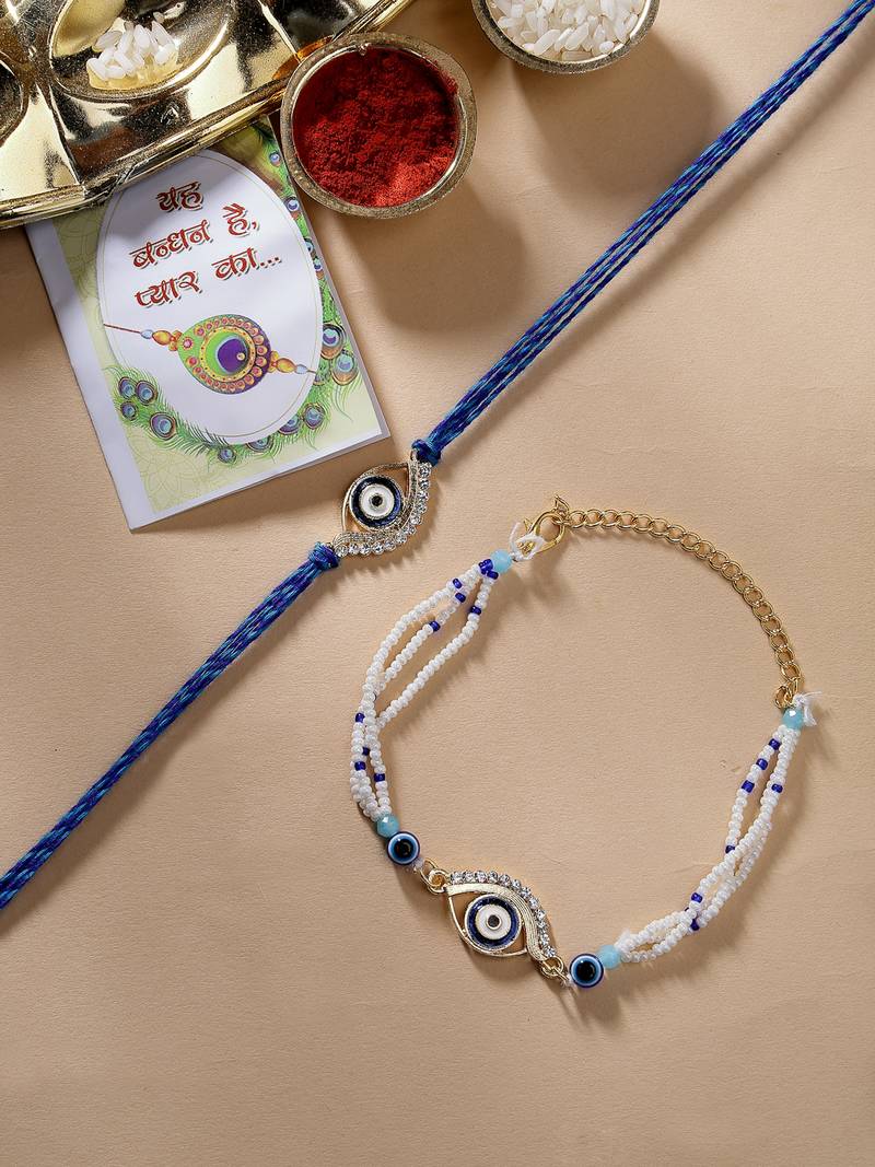 Nvr unisex set of 2 blue evil eye bhaiya bhabhi rakhi set with roli chawal
