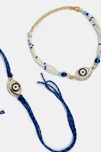 Nvr unisex set of 2 blue evil eye bhaiya bhabhi rakhi set with roli chawal