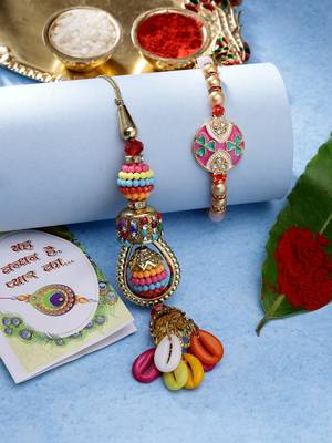  unisex set of 2 multicolor artificial beads bhaiya bhabhi rakhi with roli chawal 1