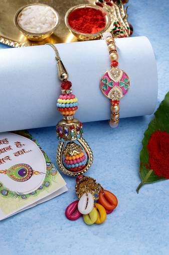  unisex set of 2 multicolor artificial beads bhaiya bhabhi rakhi with roli chawal