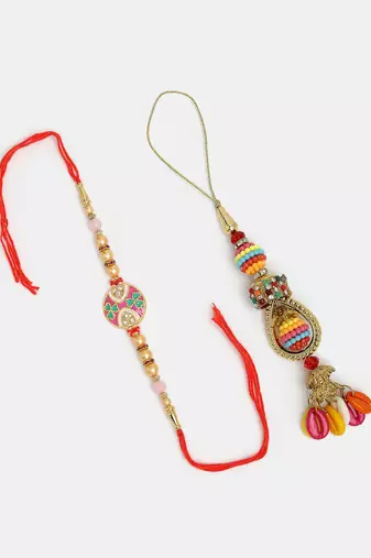  unisex set of 2 multicolor artificial beads bhaiya bhabhi rakhi with roli chawal