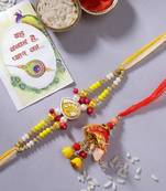  unisex set of 2 yellow peacock design bhaiya bhabhi rakhi with roli chawal