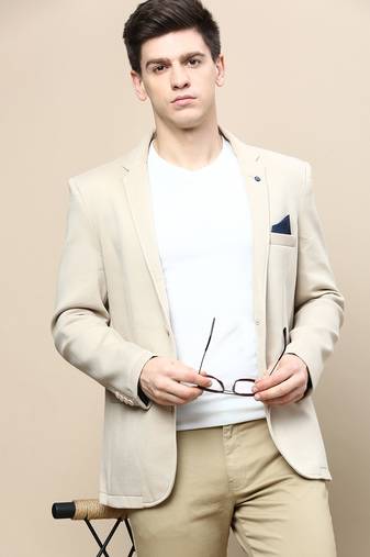 SHOWOFF Men's Notched Lapel Solid Beige Single-Breasted Blazer