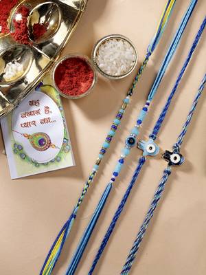 Nvr unisex set of 4 blue evil eye charm rakhi with roli chawal 1