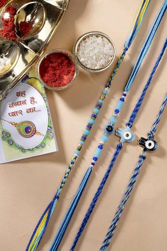 Nvr unisex set of 4 blue evil eye charm rakhi with roli chawal