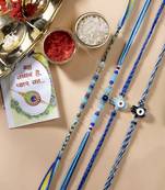 Nvr unisex set of 4 blue evil eye charm rakhi with roli chawal