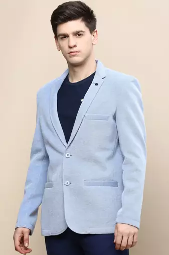 Men's Notched Lapel Solid Blue Single-Breasted Blazer